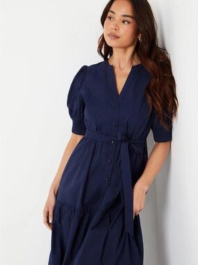 DKNY Navy Button-Front Midi Dress with Tie Waist